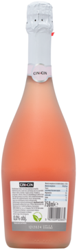 Tył różowej butelki bezalkoholowego wina CIN&CIN, 0.0% ABV, z etykietą i danymi produktu.