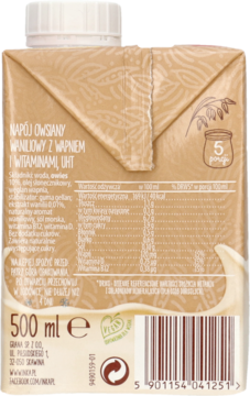 Tył kartonu waniliowego napoju owsianego UHT 500ml, z wapniem i witaminami, widoczne etykiety i kod.