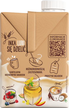 Tył kartonu Inka roślinny napój waniliowy. Napis 'Lubi Się Dzielić', QR, grafiki z deserami i smakiem.
