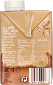 Tył brązowego kartonu napoju owsianego kakaowego UHT z wapniem i witaminami, widoczna tabela wartości odżywczych.