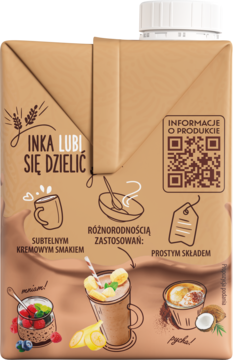 Inka roślinny napój kakaowy bez cukru, brązowy karton z grafikami zastosowań i tekstem o smaku, widok z góry.