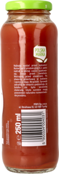 Tył butelki soku pomidorowego 250ml. Czerwony płyn, zielona nakrętka. Etykieta z kodem kreskowym. Sok to źródło potasu.