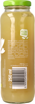 Tył butelki soku wieloowocowo-pietruszkowego 250 ml, zielona nakrętka, etykieta z tekstem i kodem.
