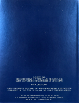Tył matowego, granatowego opakowania Guess Seductive Homme Blue z białym tekstem producenta.