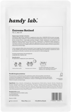 Tył białej saszetki handy lab. Extreme Retinol do rąk z tekstem opisującym działanie i składniki.
