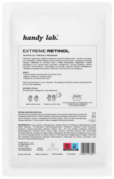 Tył białego opakowania maseczki do rąk handy lab. EXTREME RETINOL z opisem, składem i instrukcją użycia.
