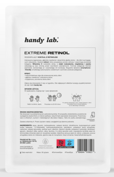 Białe opakowanie maseczki do rąk Handy Lab Extreme Retinol, regenerujące rękawiczki, widok z przodu.