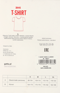 Tył opakowania klasycznego męskiego T-shirtu Gatta, navy, 100% bawełna, z tabelą rozmiarów i kodem kreskowym.