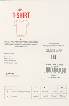 Tylna etykieta męskiego T-shirtu Gatta Classic w kolorze granatowym, z informacjami o rozmiarach i składzie 100% bawełny.