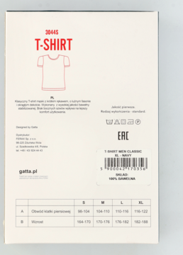 Tył białego opakowania T-shirtu męskiego Gatta z opisem produktu, tabelą rozmiarów i kodem kreskowym.