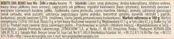 Tylna strona opakowania żelków Bebeto Cool Beans Sour Mix z danymi odżywczymi i listą składników.