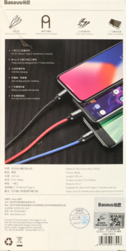 Tylne opakowanie kabla Baseus 3w1 USB (Micro+iP+Type-C) 120cm, z grafiką ładowania trzech telefonów.