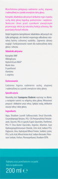Tył butelki szamponu Eloderm 200ml do skóry atopowej, widoczne zastosowanie, sposób użycia i lista składników.