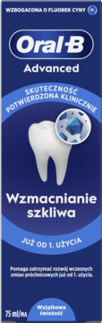 Oral-B Advanced pasta do zębów Wzmacnianie Szkliwa 75ml, granatowe opakowanie z grafiką zęba, widok z przodu.