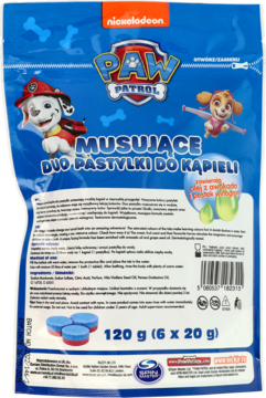 Front niebieskiej torebki Paw Patrol z musującymi pastylkami do kąpieli, 120g, z Marshallem i Skye.