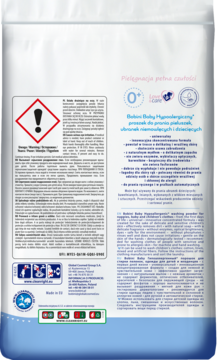 Tył białego opakowania hipoalergicznego proszku Bobini Baby, z czerwonym symbolem ostrzegawczym i polskim opisem.