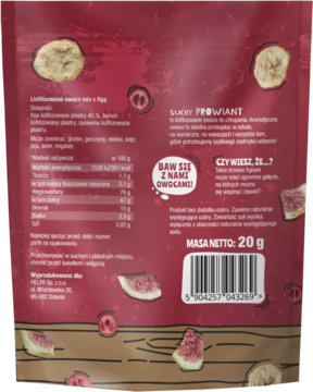 Suchy Prowiant MIX z Figą: tył bordowego opakowania liofilizowanych owoców z wartościami odżywczymi i kodem kreskowym.