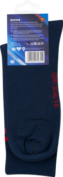 Tył ciemnoniebieskiej skarpety męskiej DC Comics Superman z metką, kodem kreskowym i czerwonym logo DC.