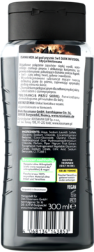 Tył czarnej butelki żelu pod prysznic Isana Men 3w1 Dark Infusion, widoczny skład i 300 ml pojemności.