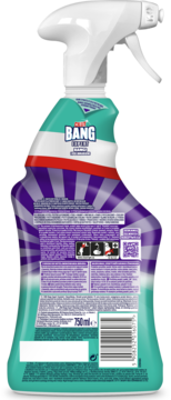 Tył butelki Cillit Bang Czystość i Dezynfekcja, zielono-fioletowy spray z etykietą, kodem kreskowym i 750ml.