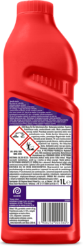 Tył czerwonej butelki żelu Cillit Bang Turbo Formuła z fioletową etykietą, piktogramami zagrożeń i kodem kreskowym, 1L.