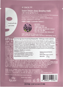 Tył różowej, nawilżającej maski w płachcie Quret Sweet Dream z lawendą. Widoczne 8 Free, skład i instrukcje po polsku.