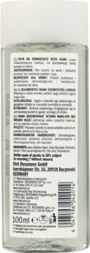 Tył przezroczystej butelki Isana Płynu do demakijażu oczu 100ml. Etykieta zawiera polski opis, skład i kod kreskowy.