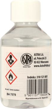 Tył przezroczystej butelki Astra Artea terpentyny bezzapachowej 150 ml, z białą etykietą i symbolami ostrzegawczymi.
