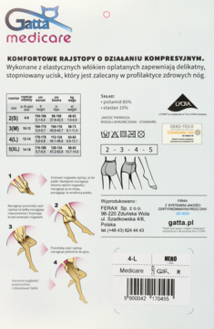 Tył opakowania rajstop Gatta Medicare, kompresyjnych, z tabelą rozmiarów i grafikami instruktażowymi.