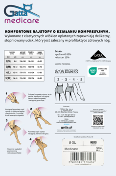 Informacyjna ulotka Gatta Medicare: kompresyjne rajstopy, tabela rozmiarów, diagramy uciskowe, opakowanie.