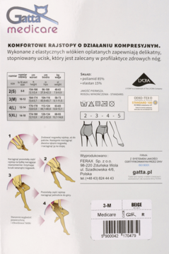 Tył opakowania rajstop kompresyjnych Gatta Medicare w kolorze beżowym, z rozmiarówką i instrukcją użycia.