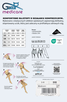 Informacyjny plakat Gatta Medicare: komfortowe rajstopy kompresyjne, rozmiarówka, wskazówki i opakowanie.