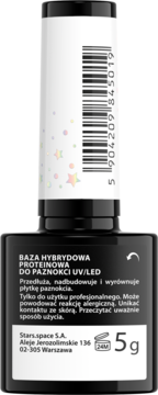 Czarna butelka Proteinowej Bazy Hybrydowej do paznokci UV/LED 5g, biała etykieta z kodem EAN, widok z przodu.