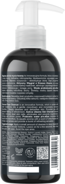 Czarna butelka Biotaniqe Pure Detox, węglowy żel myjący z pompką, tył opakowania z etykietą. 200 ml.