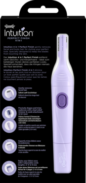 Tył opakowania Wilkinson Sword Intuition 4 w 1 Perfect Finish Multizone Styler, z opisem funkcji i fioletowym trymerem.