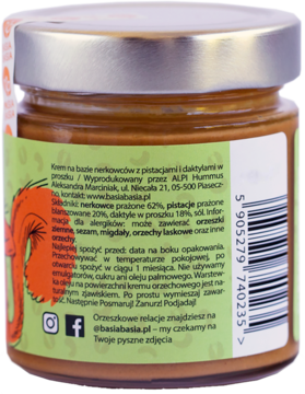 Tył słoika Basia Basia Pistacjolada, krem z nerkowców i pistacji, z czytelnym składem i kodem kreskowym.