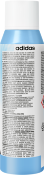 Tył antyperspirantu w sprayu Adidas Fresh Endurance, jasnoniebieska butelka z białym tłem i drobnym tekstem.
