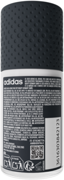 Tył białego antyperspirantu Adidas Power Booster roll-on z ciemnoszarą, perforowaną nakrętką i etykietą ze składem.