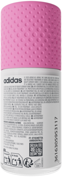 Tył białego antyperspirantu Adidas Ultra Fresh Control roll-on z różową, kropkowaną nakrętką i tekstem.