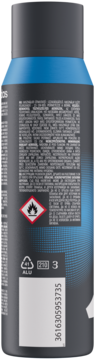 Tył sprayu Adidas Sport Fresh w ciemnoszarej butelce z niebieskim paskiem, etykieta ze składem i symbolem płomienia.