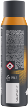 Tył ciemnoszarego antyperspirantu Adidas Power Booster 72h w sprayu z pomarańczową bandą, widoczne ostrzeżenia i kod.