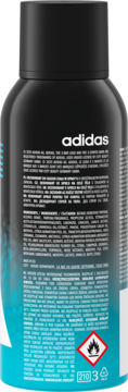 Tył czarno-turkusowego dezodorantu adidas Ice Dive w sprayu, z widocznymi etykietami, tekstem i piktogramem ostrzegawczym.