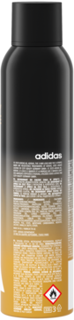 Tył czarno-złotego dezodorantu adidas Victory League w sprayu, widoczna etykieta ze składem i symbol ostrzegawczy.