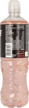 Tył butelki napoju izotonicznego 750 ml o smaku truskawka-limonka-arbuz z czarną etykietą i kodem kreskowym.