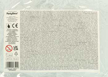 Tylne opakowanie czapek Party, 6 szt., biała etykieta z drobnym tekstem, logo PartyDeco i symbolami.