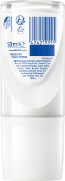 Biały antyperspirant NIVEA Derma Dry Control 50ml, widok z tyłu z kodem kreskowym i składem.