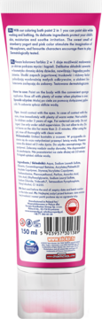 Pink 2-in-1 coloring bath paint tube, back view with English/Polish text, ingredients, barcode, 150ml.