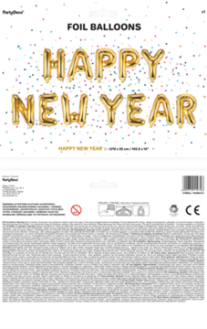 Opakowanie zestawu złotych balonów foliowych "Happy New Year", widok przodu z balonami i tyłu z opisem.