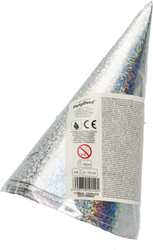 Srebrne, holograficzne czapeczki imprezowe PartyDeco, ułożone w stos, w folii, z widoczną etykietą z boku.