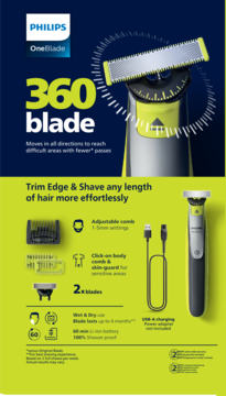 Philips OneBlade 360, innowacyjne ostrze 360 i akcesoria na granatowo-zielonym tle.